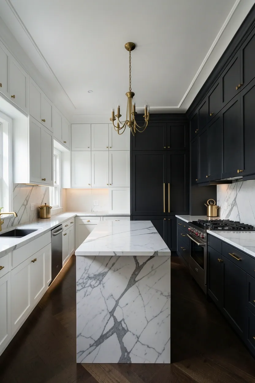 Bold luxury kitchen with contrasting white shaker upper cabinets and dark charcoal lower cabinets, gold hardware throughout, and marble island bridging the two zones