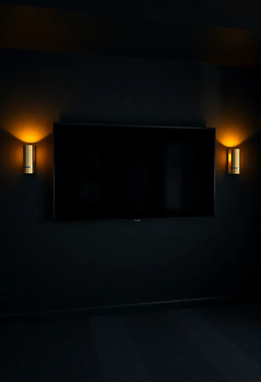 Basement TV wall painted in deep matte black with a mounted screen and a pair of wall sconces providing warm side lighting
