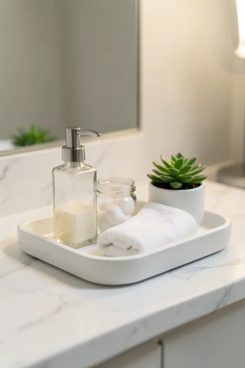 Brass decorative tray on a rental bathroom countertop corralling hand soap, lotion, and a small candle into an organized vignette