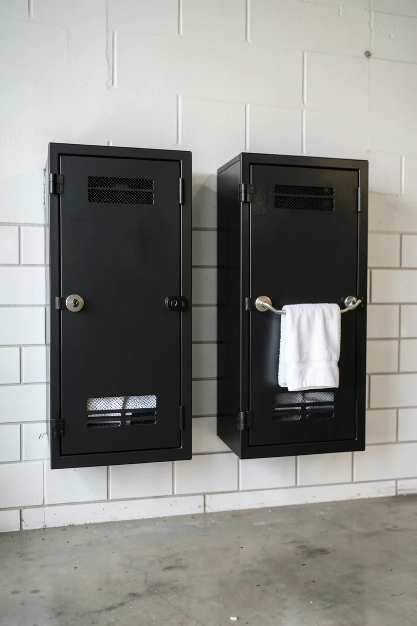 Hyper-realistic eye-level photograph of two metal storage lockers mounted on white concrete wall. Matte black powder-coated lockers with industrial latches and ventilation holes, white towels visible through mesh inserts, brushed nickel towel hooks on locker doors, subway tile wall, concrete floor. Materials: matte black powder-coated metal, black metal latches with keyholes, white cotton towels, white ceramic tiles, polished concrete floor. Natural ambient light, utilitarian industrial atmosphere. Shallow depth of field, sharp details on locker construction and hardware, balanced composition showing lockers and wall. No text, no logos, no watermarks.</p>