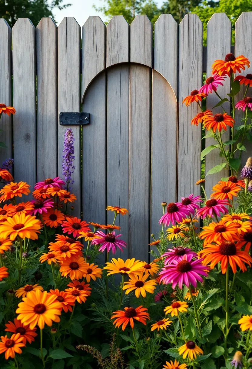 Texas cottage garden with informal plantings of zinnias, salvia, black-eyed Susans, and purple coneflower around a rustic wooden fence and gate