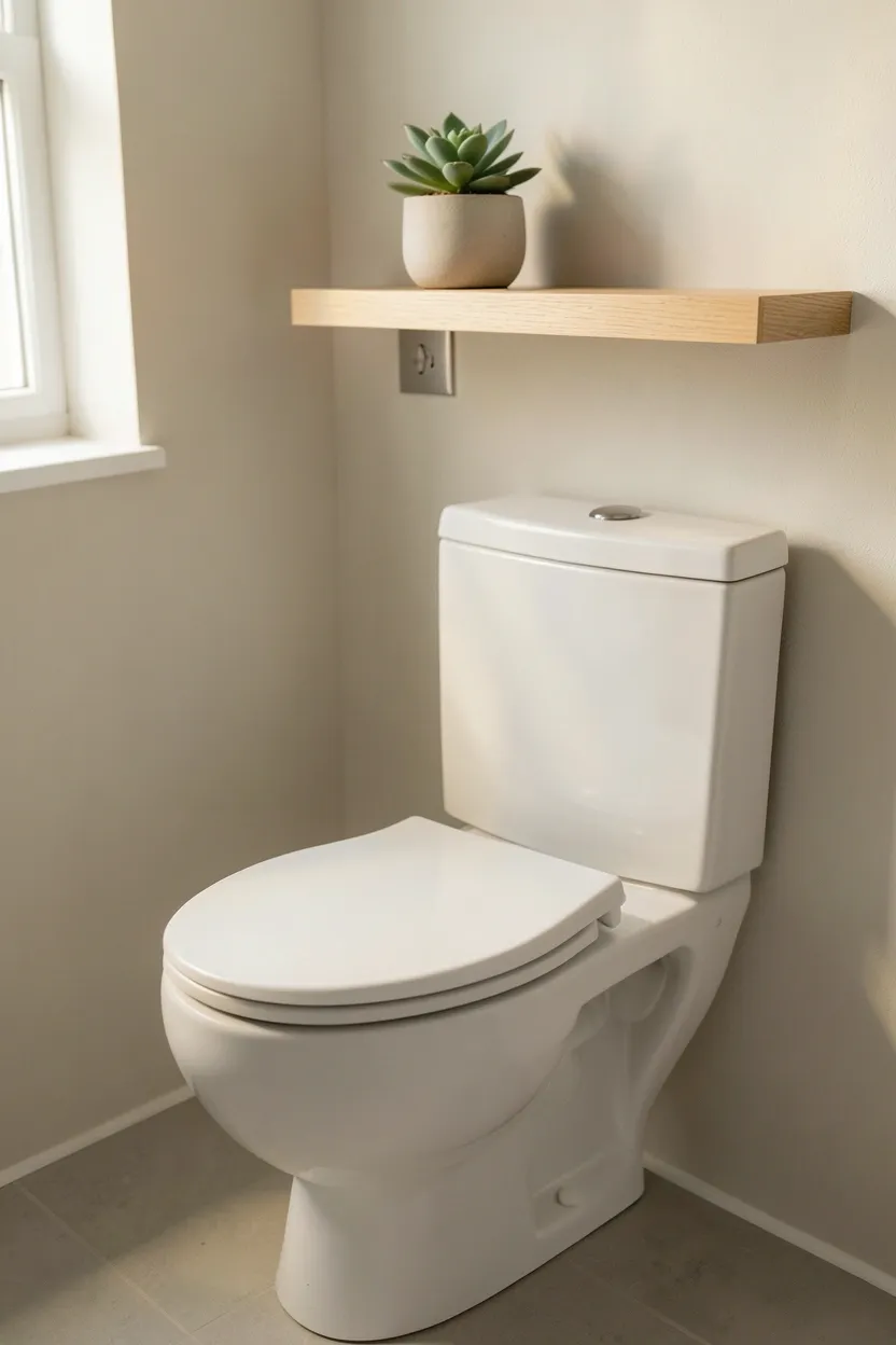 Sleek low-profile wall-mounted toilet with concealed tank in a modern apartment bathroom, maximizing visual floor space in a compact layout