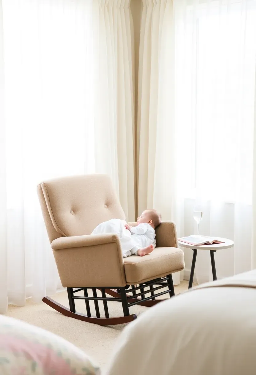 Compact glider nursing chair beside a bedroom window with soft natural light and blackout curtains in a rental apartment
