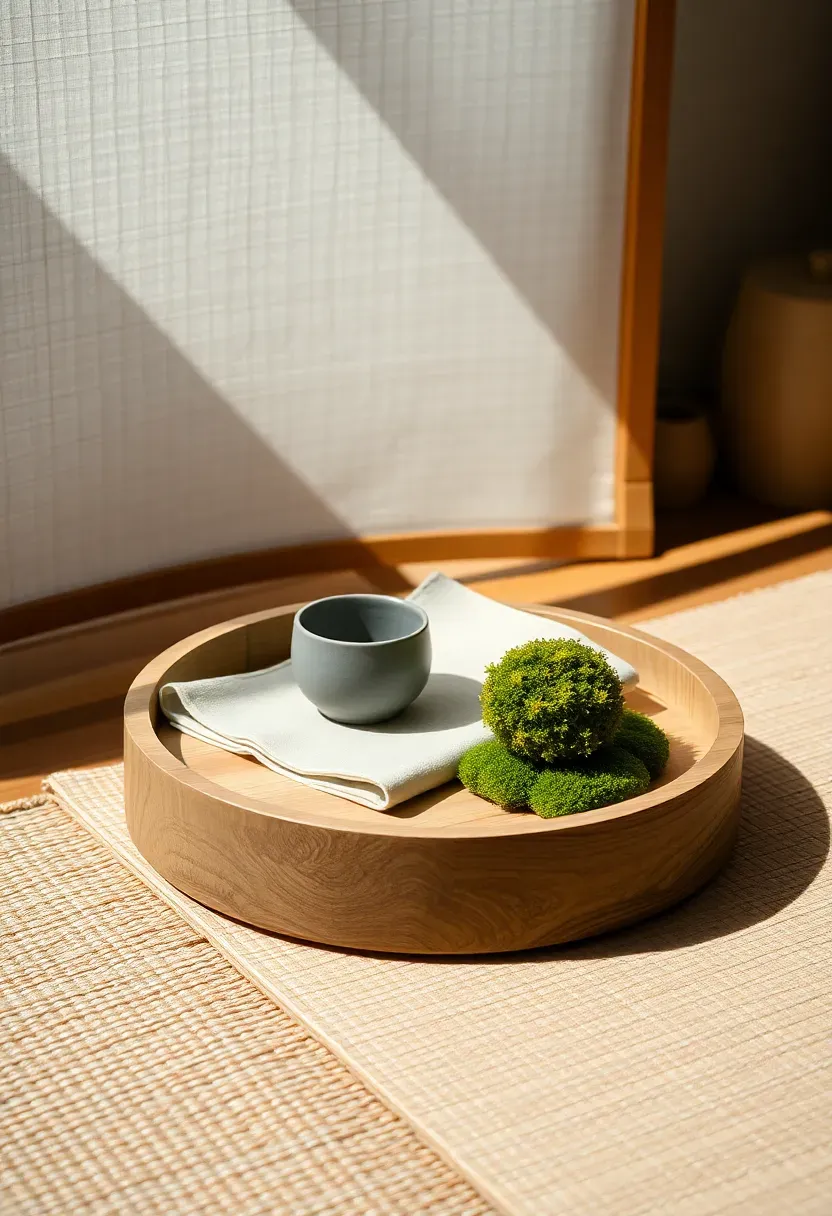 Japandi inspired round light wood tray with linen cloth ceramic cup and bonsai plant
