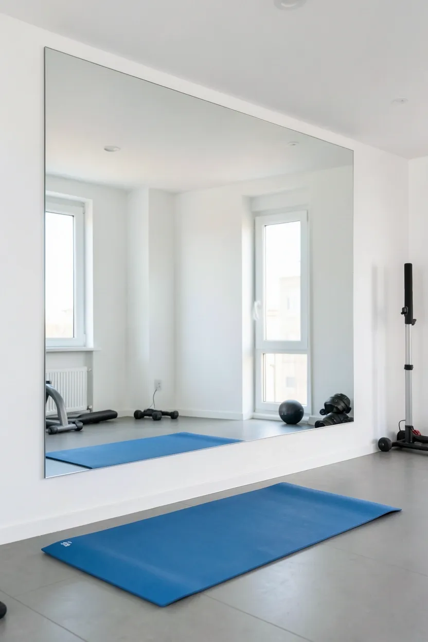 Large frameless floor-to-ceiling mirror on a white wall in a minimalist home gym — visual space expansion trick for small apartment workout rooms