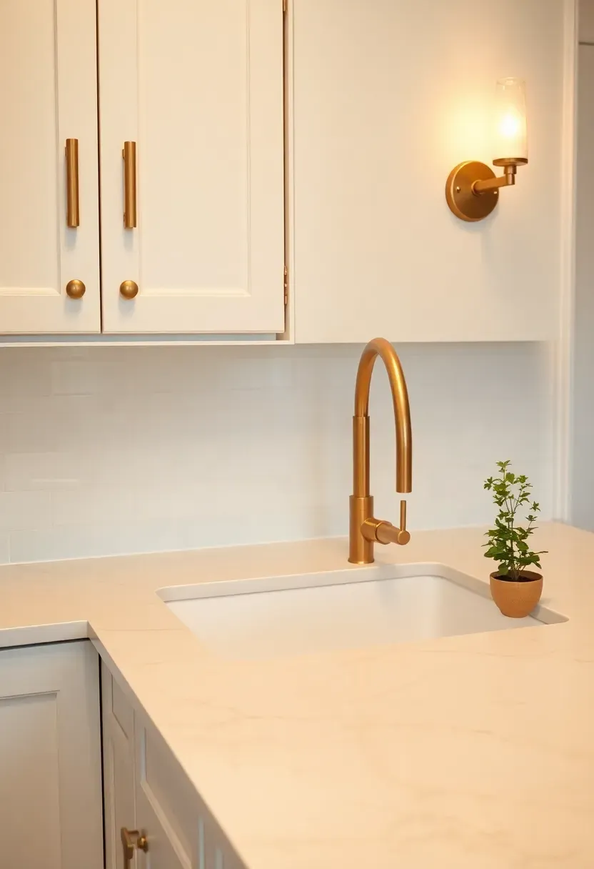 Close-up of brushed gold cabinet pulls and a brass faucet on white marble countertop in a compact apartment kitchen with warm ambient light