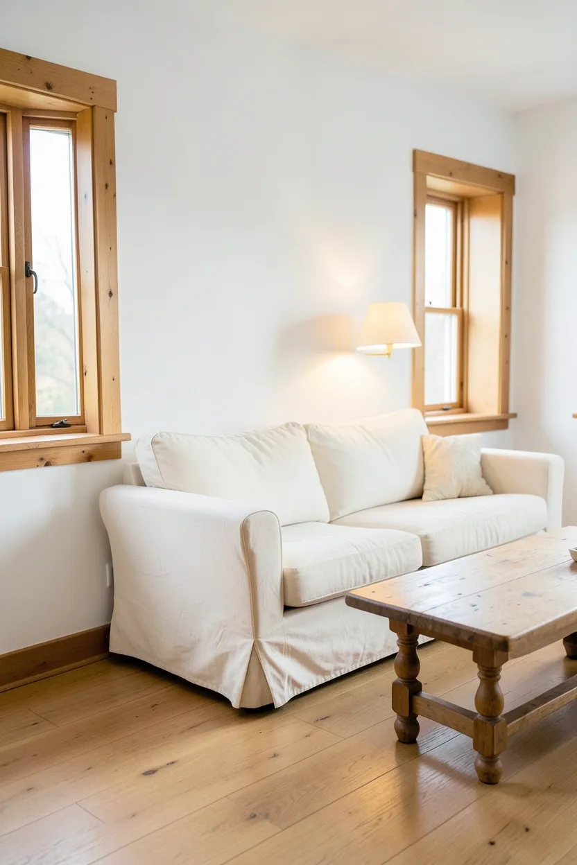 Crisp white rental living room walls with natural oak floating shelves and warm wood furniture accents