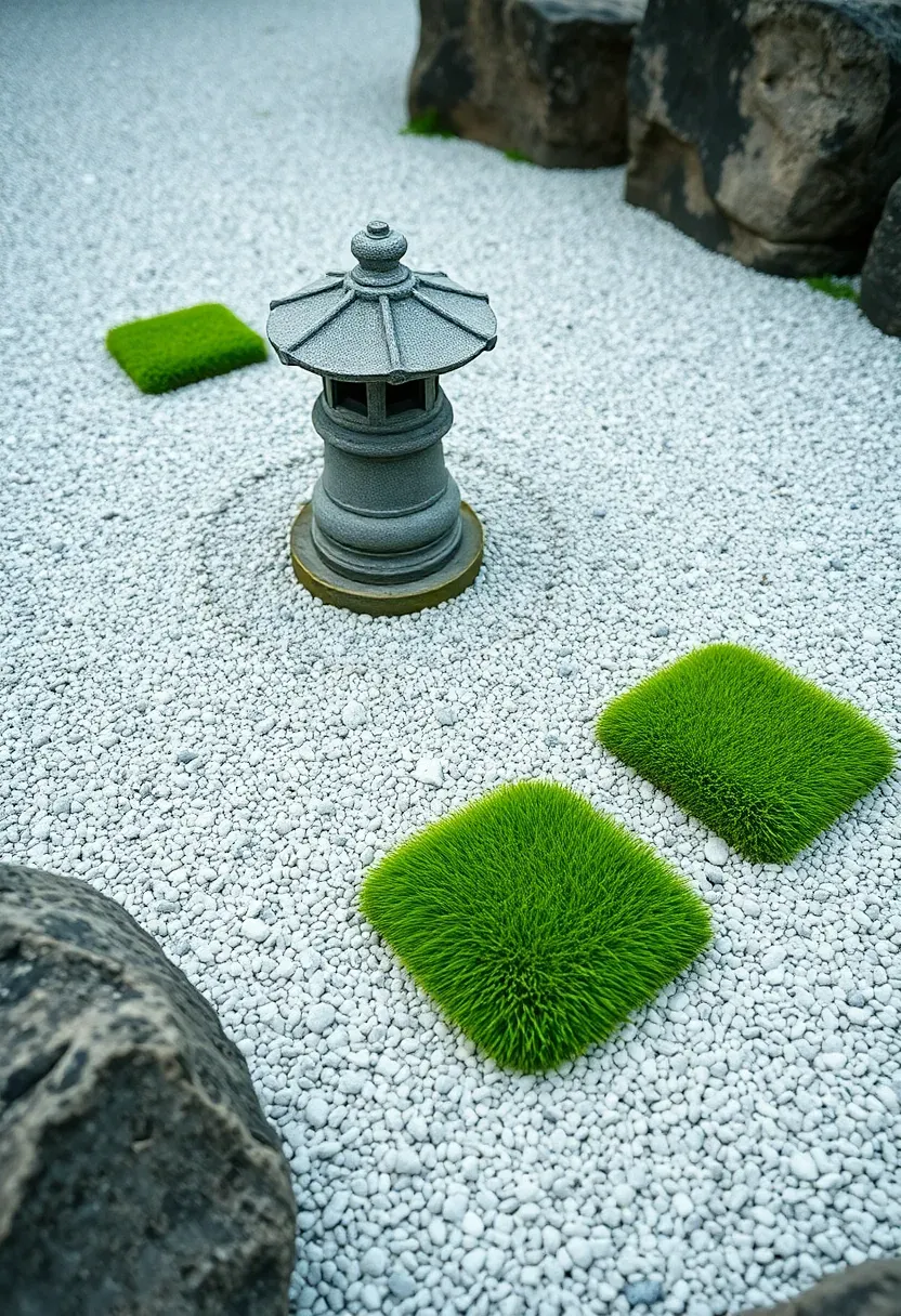 Japanese-inspired zen garden with raked white gravel, a stone lantern, and small patches of bright green synthetic turf