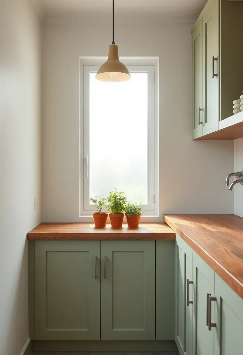 Basement kitchenette positioned next to a window well with natural light, light-colored cabinets, plants on the windowsill, and a butcher block counter