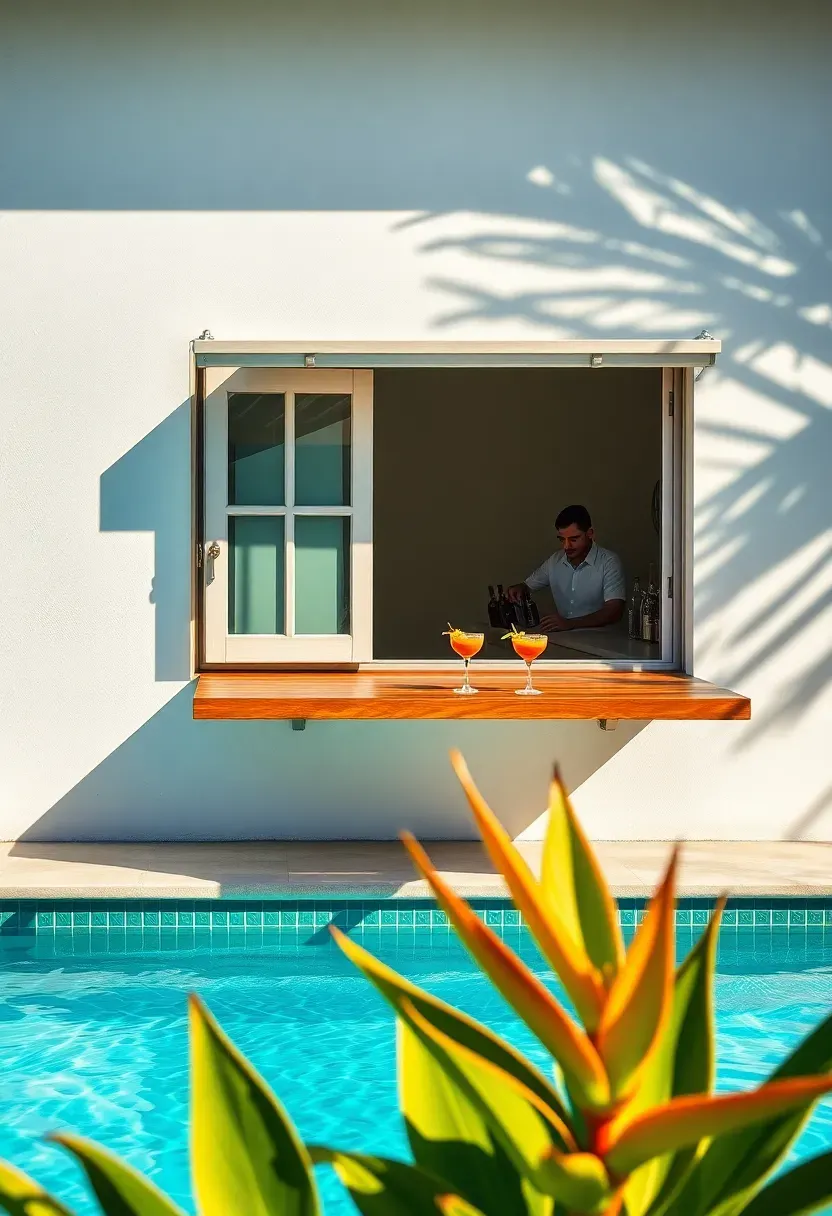 Pool house with a pass-through bar window, bartender serving drinks, swimmers at the pool edge, tropical plants, and blue water reflections