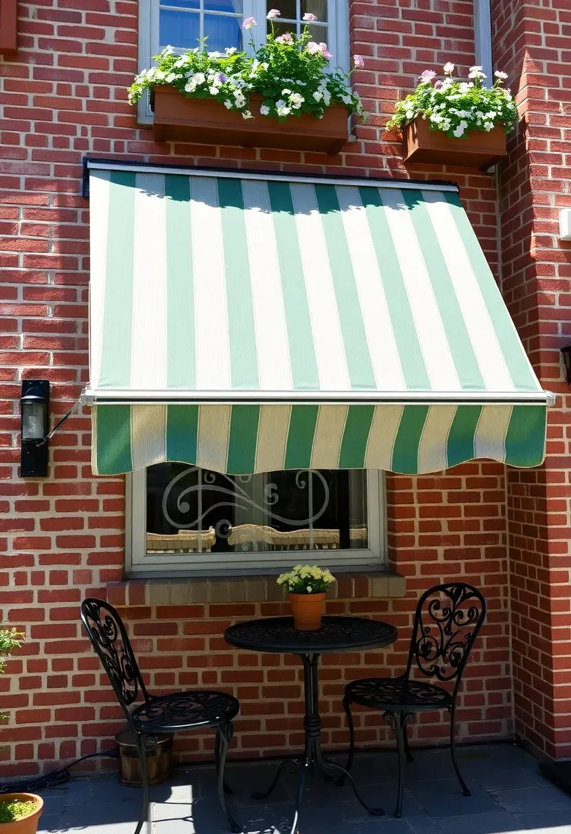 Striped retractable awning extended over a brick patio with wrought iron furniture and flowering window boxes