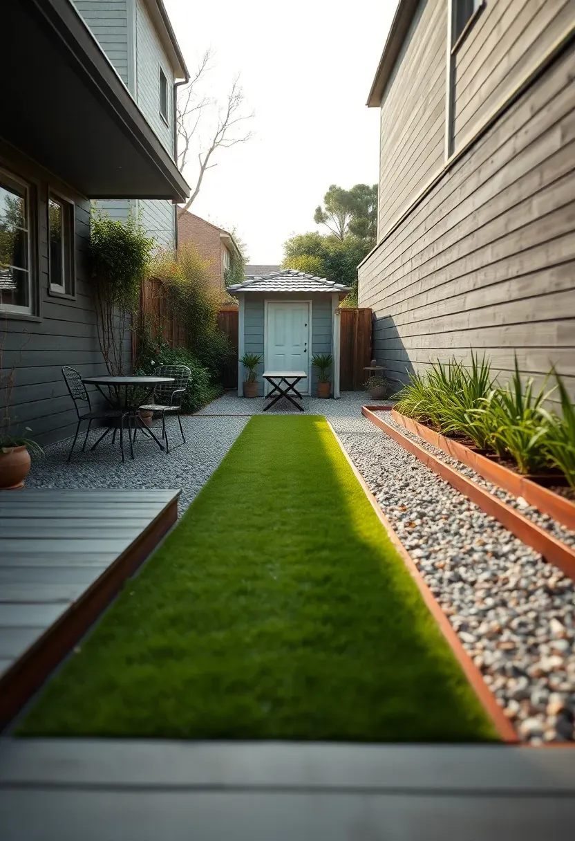 Long narrow backyard with a linear layout featuring a deck near the house then a gravel dining zone then a lawn strip then a garden shed at the very back