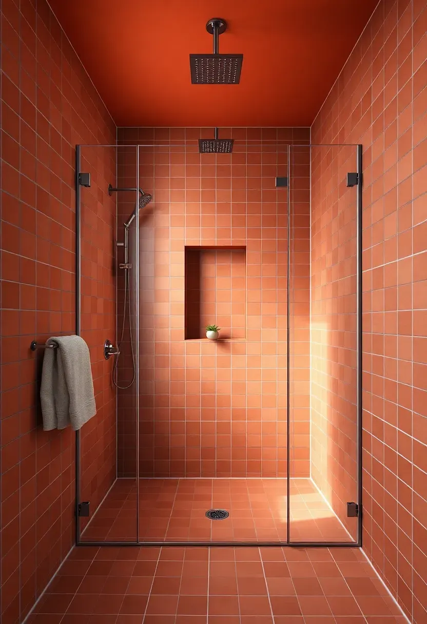 Color-drenched shower in deep terracotta with matching tile, ceiling, and grout for monochrome effect