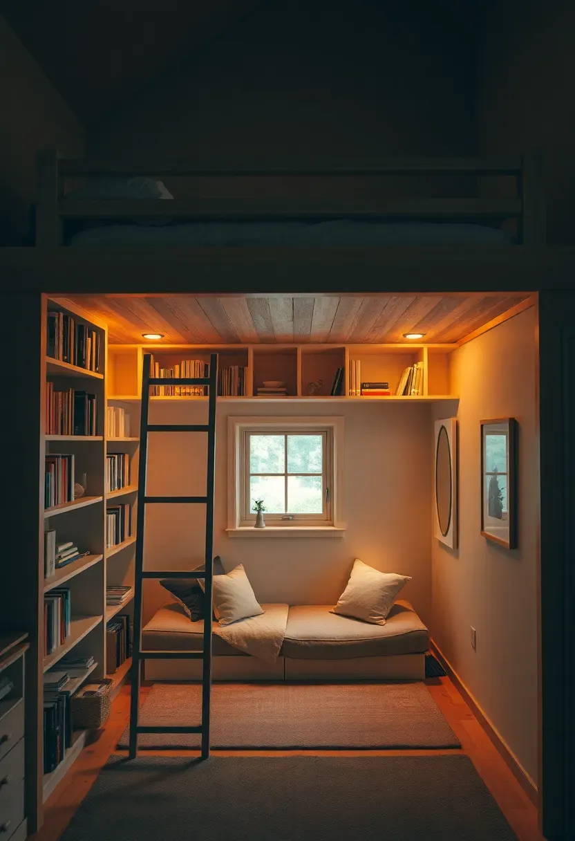 Hyper-realistic 3/4 view of lofted bed above with bookshelves and cozy seating area below, warm lighting, rug, ladder leading up. Materials: wood bed frame, white shelves, matte books, cushions, light rug. Warm lamplight creating cozy enclosed atmosphere below, soft shadows. Unique vertical composition, sharp details on shelves and seating, intimate feel, visible room with window. No text, no logos, no watermarks.</p>
