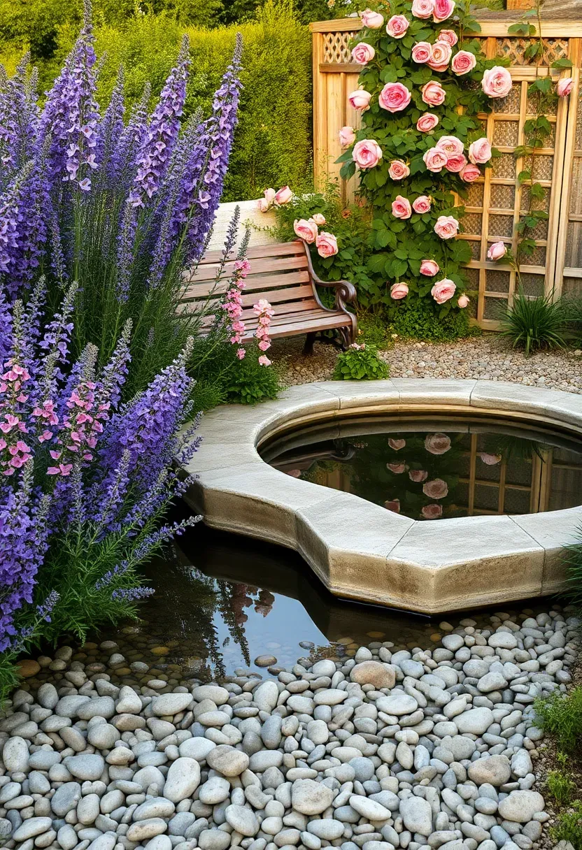 Cottage garden koi pond surrounded by lavender, foxgloves, climbing roses, and a rustic wooden bench nearby