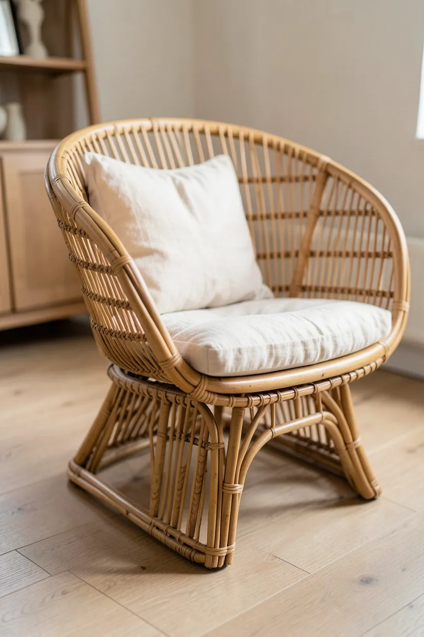 Natural rattan accent chair with a cream linen cushion positioned by a bright window as a reading nook in a Scandinavian boho apartment