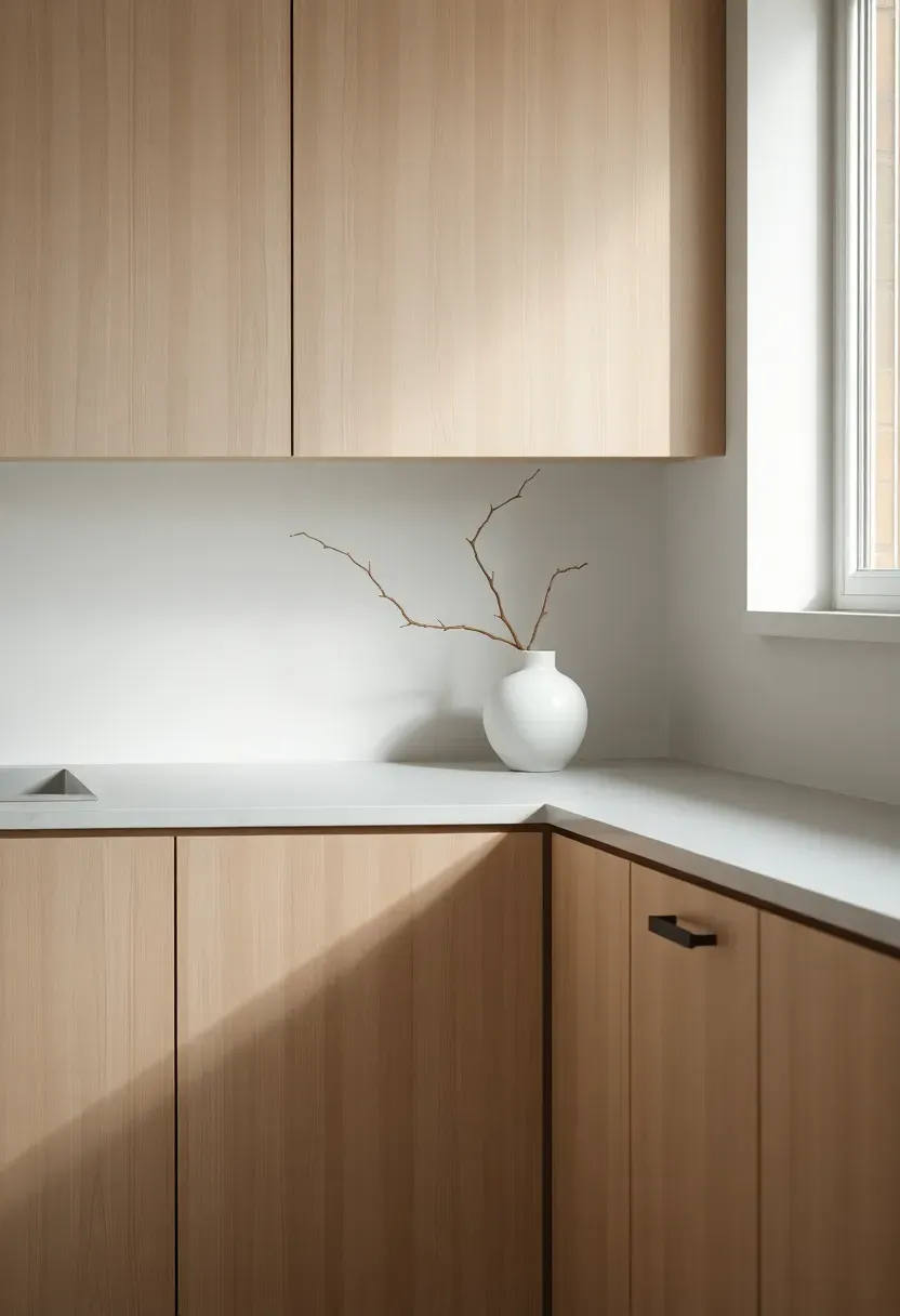 Japandi kitchen with natural white oak flat-panel cabinets, black thin-rim hardware, white textured stone countertop, single branch in ceramic vase, soft diffused natural light