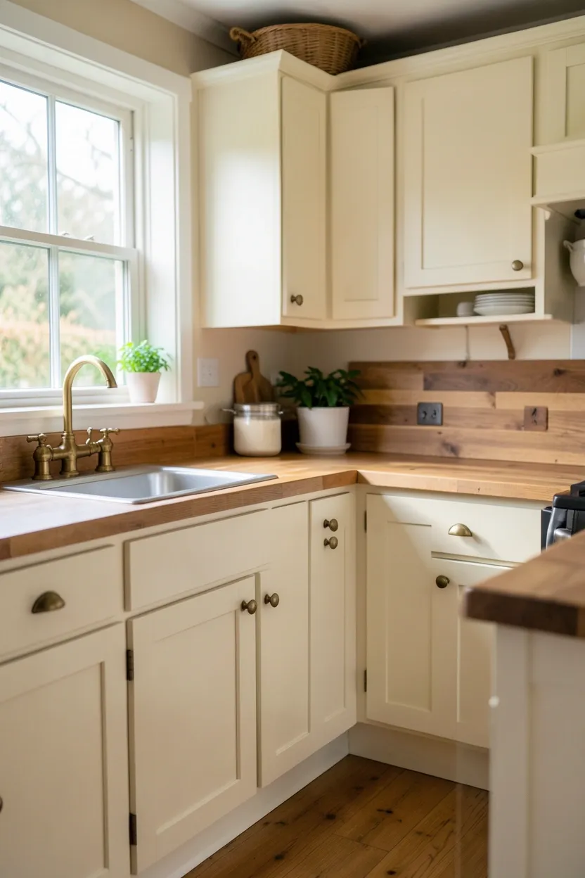 Creamy off-white cabinets with warm undertones in a small cottage kitchen — bright and spacious feel for renters