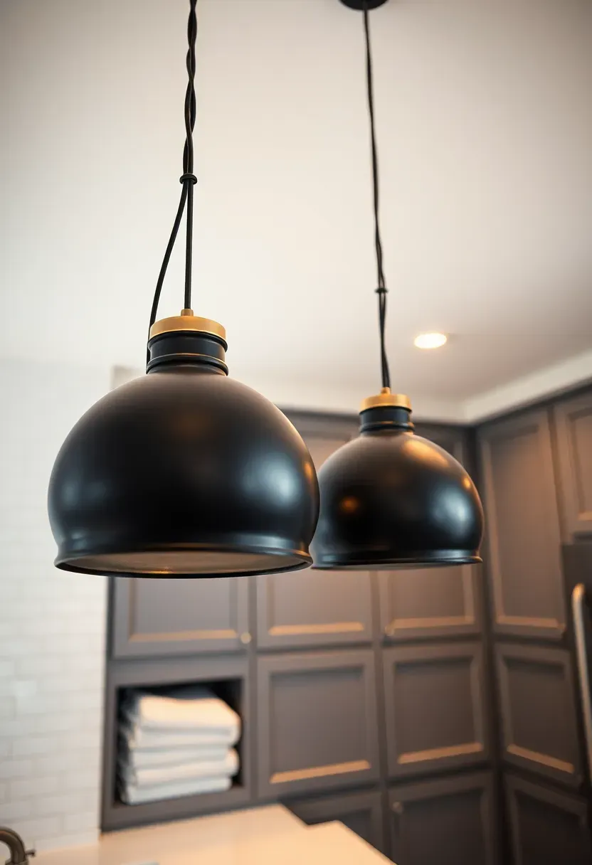 Hyper-realistic view looking up at two black industrial pendant lights with brass accents hanging over white quartz countertop, folded white towels stacked below, gray shaker cabinets beneath, white subway tile backsplash, warm ambient light. Materials: metal fixtures, engineered stone, painted wood, ceramic tile. Warm focused lighting from pendants, soft ambient fill. Styled contemporary mood, shallow depth of field on pendant details. No text, no logos, no watermarks.</p>