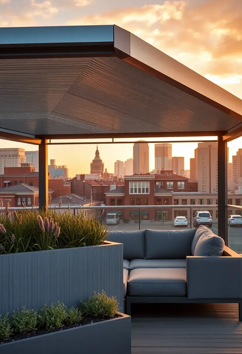 A modern rooftop gazebo with a louvered aluminum roof on a flat urban rooftop, container plants around the perimeter, city skyline visible in the background at golden hour