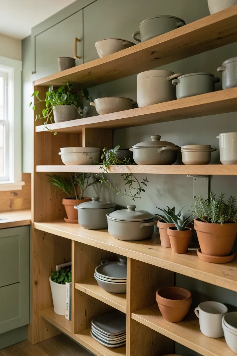 Open wooden kitchen shelves styled with hand-painted ceramics, trailing plants, and woven baskets in a boho rental kitchen