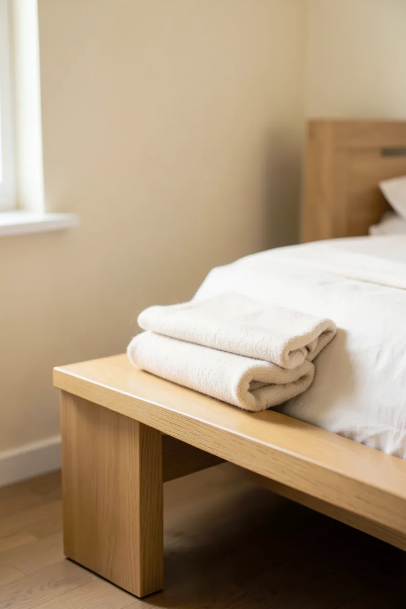 Compact light wood bench at the foot of a platform bed with a folded throw blanket in a japandi small bedroom