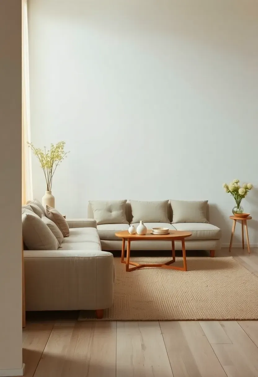 Hyper-realistic 3/4 view of a minimalist living room with properly scaled furniture, low sofa, modest coffee table, open floor space. Materials: white oak floor, linen sofa, oak table, wool rug. Warm diffused window light, creamy neutrals with soft oatmeal accents. Mood: balanced, airy, relaxed. Shallow depth of field, sharp details on products, balanced composition, soft shadows, visible room context. No text, no logos, no watermarks.</p>