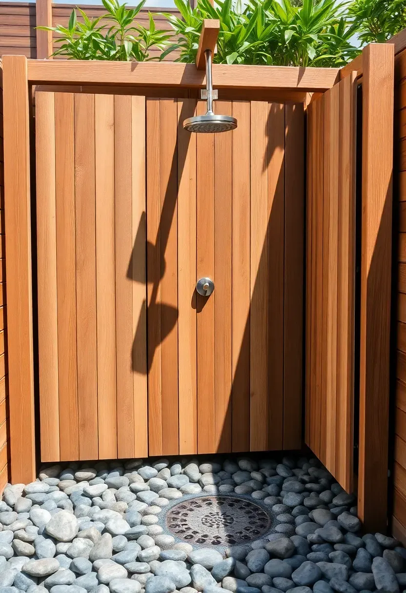 Outdoor shower with cedar privacy screen and river rock floor in a backyard near a pool area