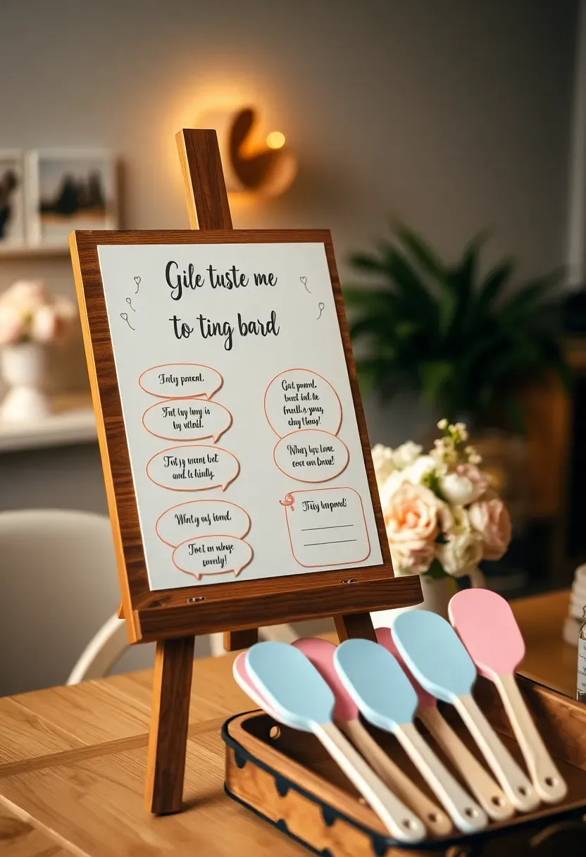 a who said it quiz board with funny parent quotes displayed at a decorated baby shower