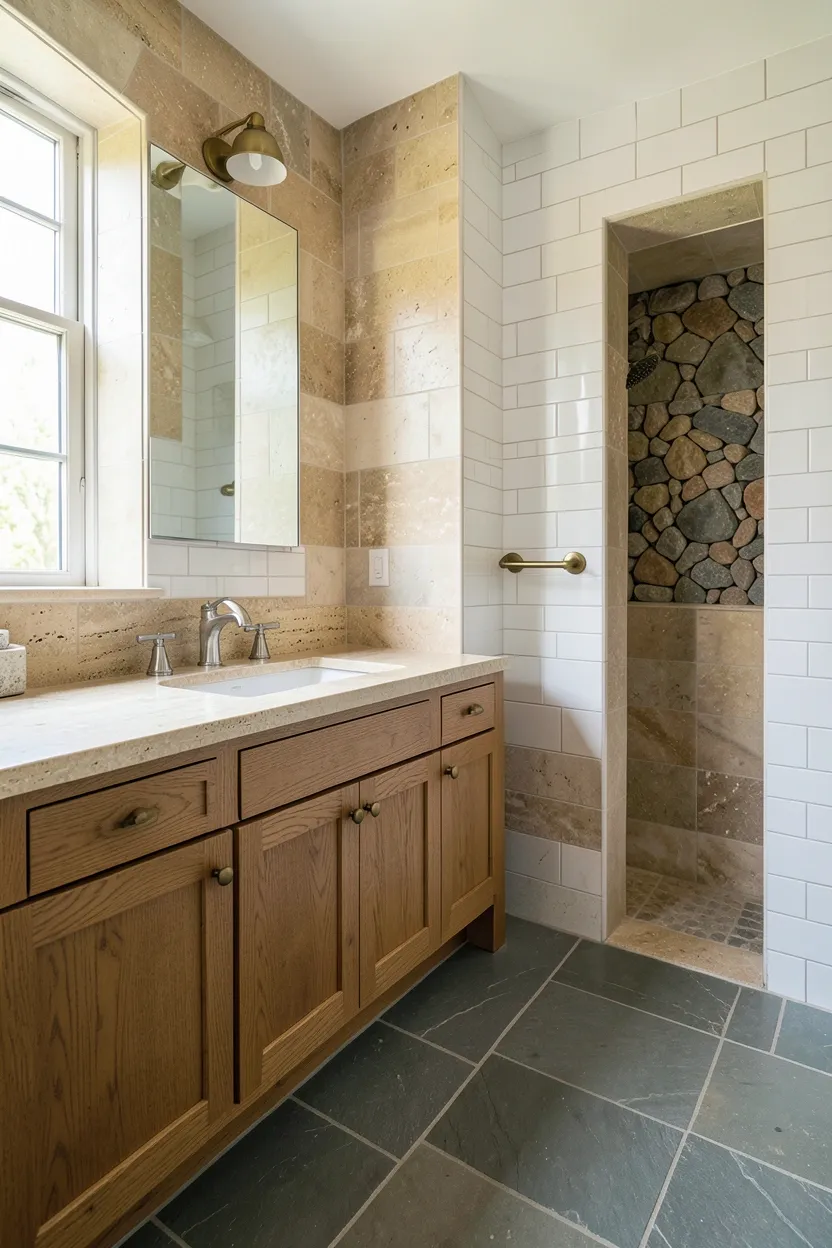 Hyper-realistic 3:2 wide shot of a luxurious earthy bathroom featuring comprehensive natural material immersion: slate floor tiles in gray tones, limestone wall tiles with warm beige, oak wood vanity with travertine stone countertop, white undermount sink, chrome faucet, brass towel rail, white subway tile walls, river rock shower niche visible. Natural light from window. Materials: natural slate, limestone, oak wood, travertine stone, brass fixtures, white ceramic tiles, river rocks. Immersive earthy natural materials. Varied stone textures and wood tones. Authentic organic aesthetic. No text, no logos, no watermarks.</p>
