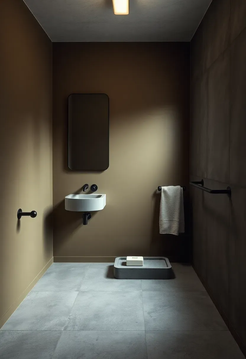 Industrial small bathroom with olive drab walls, polished concrete floor, and matte black fixtures