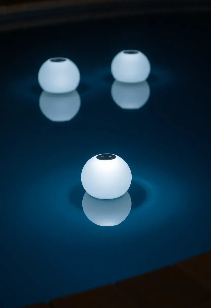 Three glowing white solar floating orb lights resting on the surface of a dark backyard swimming pool at night with reflections visible