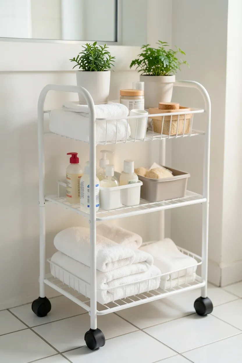 White multi-tier rolling cart beside a rental bathroom vanity holding toiletries, towels, and skincare products on three wire shelves