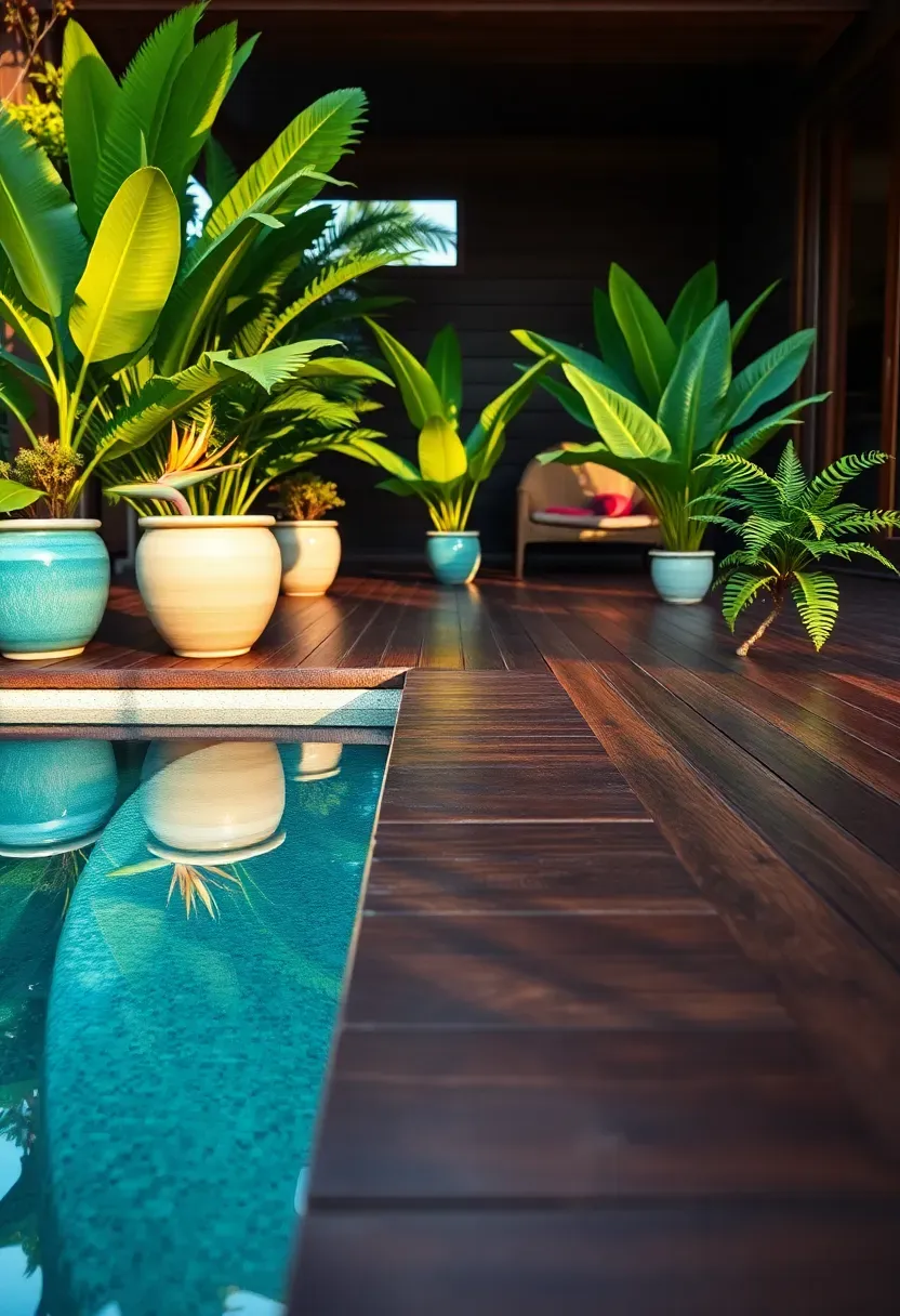 A swim spa surrounded by rich ipe hardwood decking with tropical plants in large ceramic pots along the edges