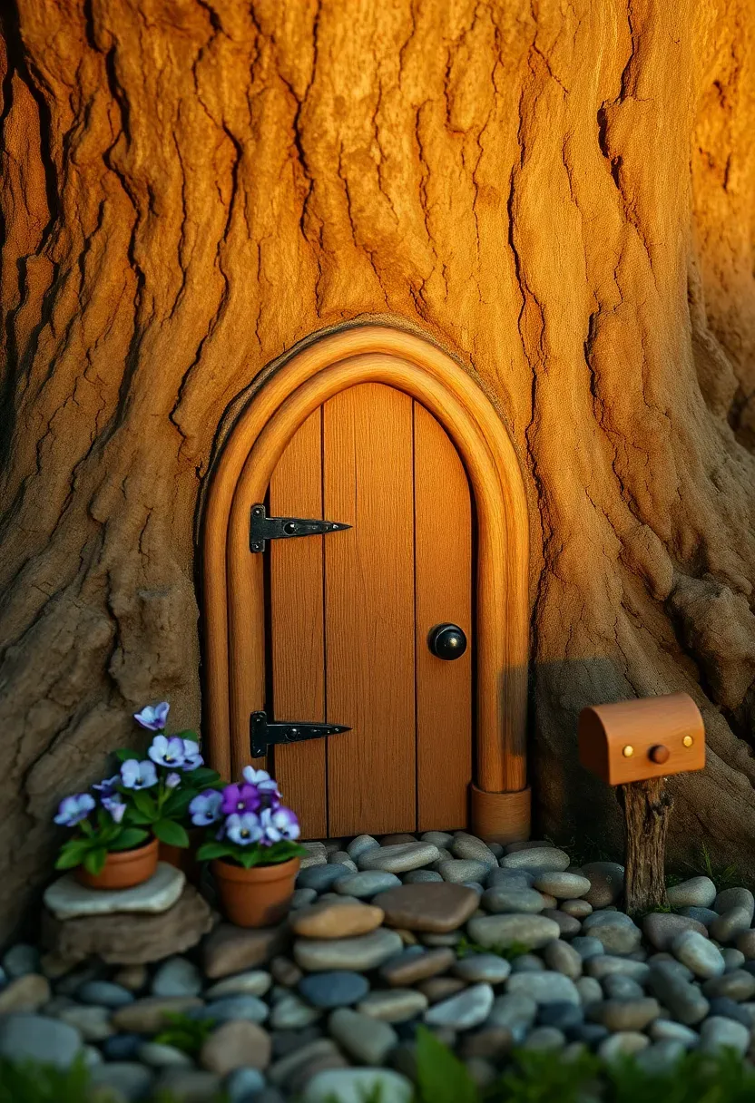A small arched wooden fairy door with iron hinges attached to the base of a large oak tree trunk, surrounded by tiny potted plants and a pebble doorstep