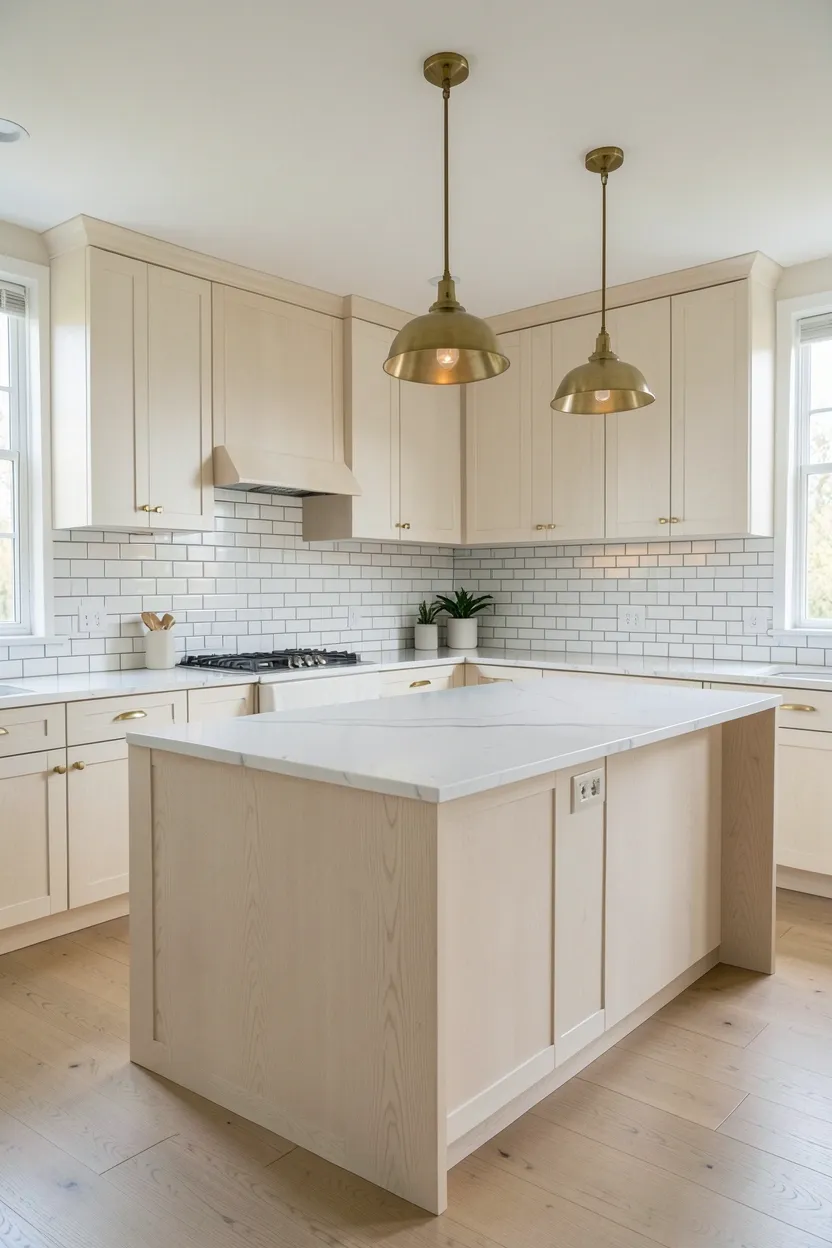 Hyper-realistic wide shot of a modern kitchen with white oak cabinets and tile backsplash. White oak flat-panel cabinets throughout. Full-height backsplash in white subway tile with warm gray grout adds texture while maintaining brightness. Large island in same white oak with waterfall edge. White marble countertop. Brass hardware on cabinets. Three brass pendant lights over island. Neutral walls. Natural light from windows highlights tile texture. Clean surfaces. No text, no logos, no watermarks.</p>