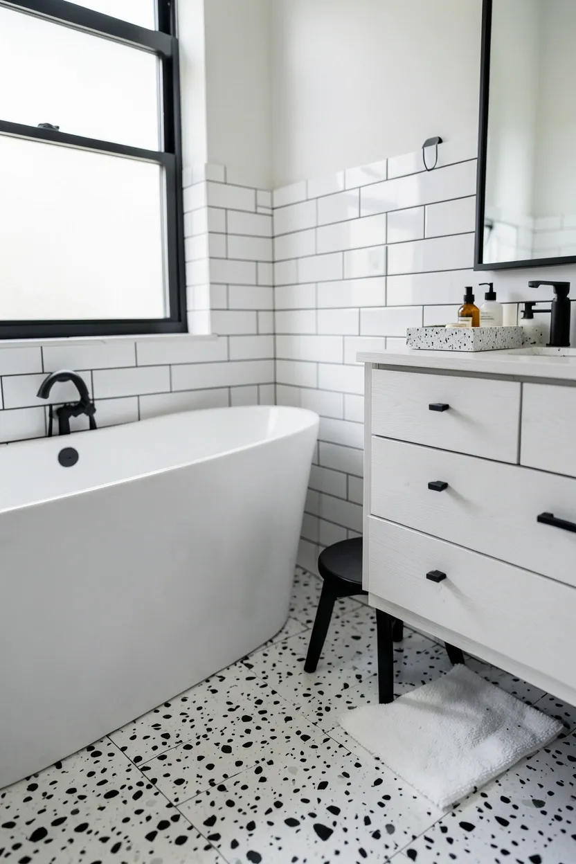 Black and white terrazzo floor with speckled pattern extending into the shower — modern monochrome bathroom