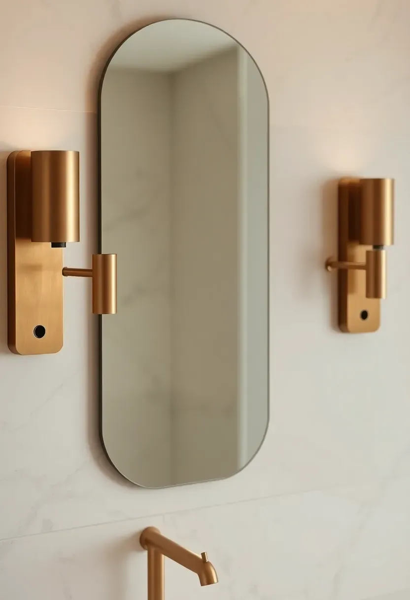 Matte brass bathroom fixtures including faucet and towel bar adding warm metallic contrast to a calm modern luxury bathroom with neutral tiles