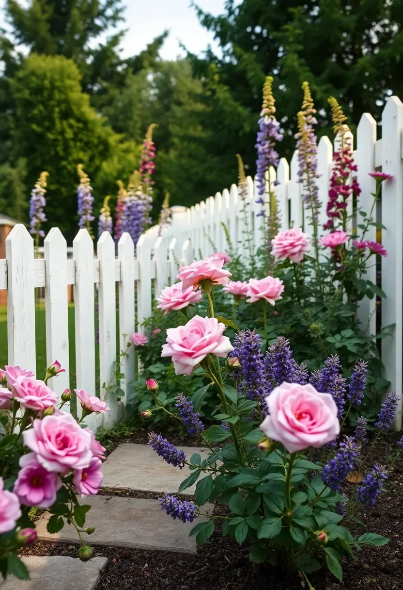 A cottage-style mixed flower border with delphiniums, foxgloves, roses, and lavender along a white picket fence in a sunny backyard