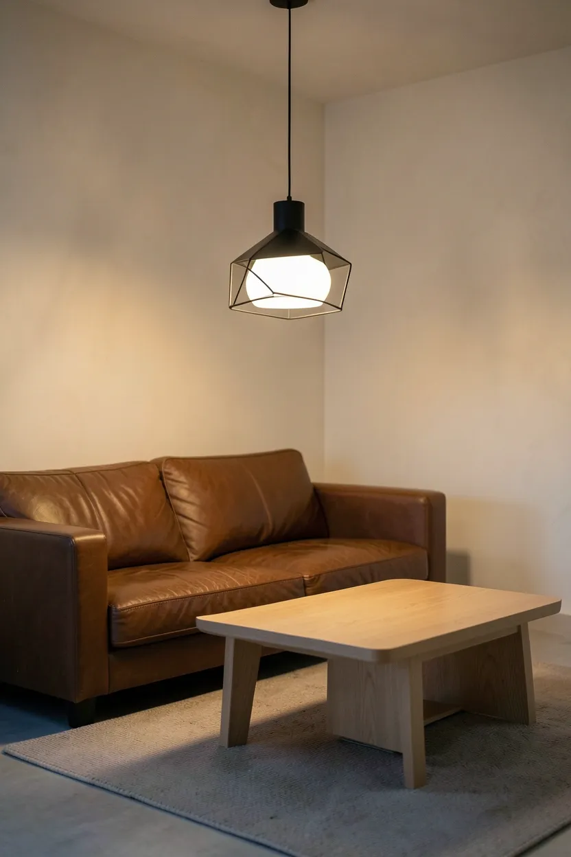 Matte black geometric pendant light hanging above a brown sofa in a minimalist apartment living room with cream walls