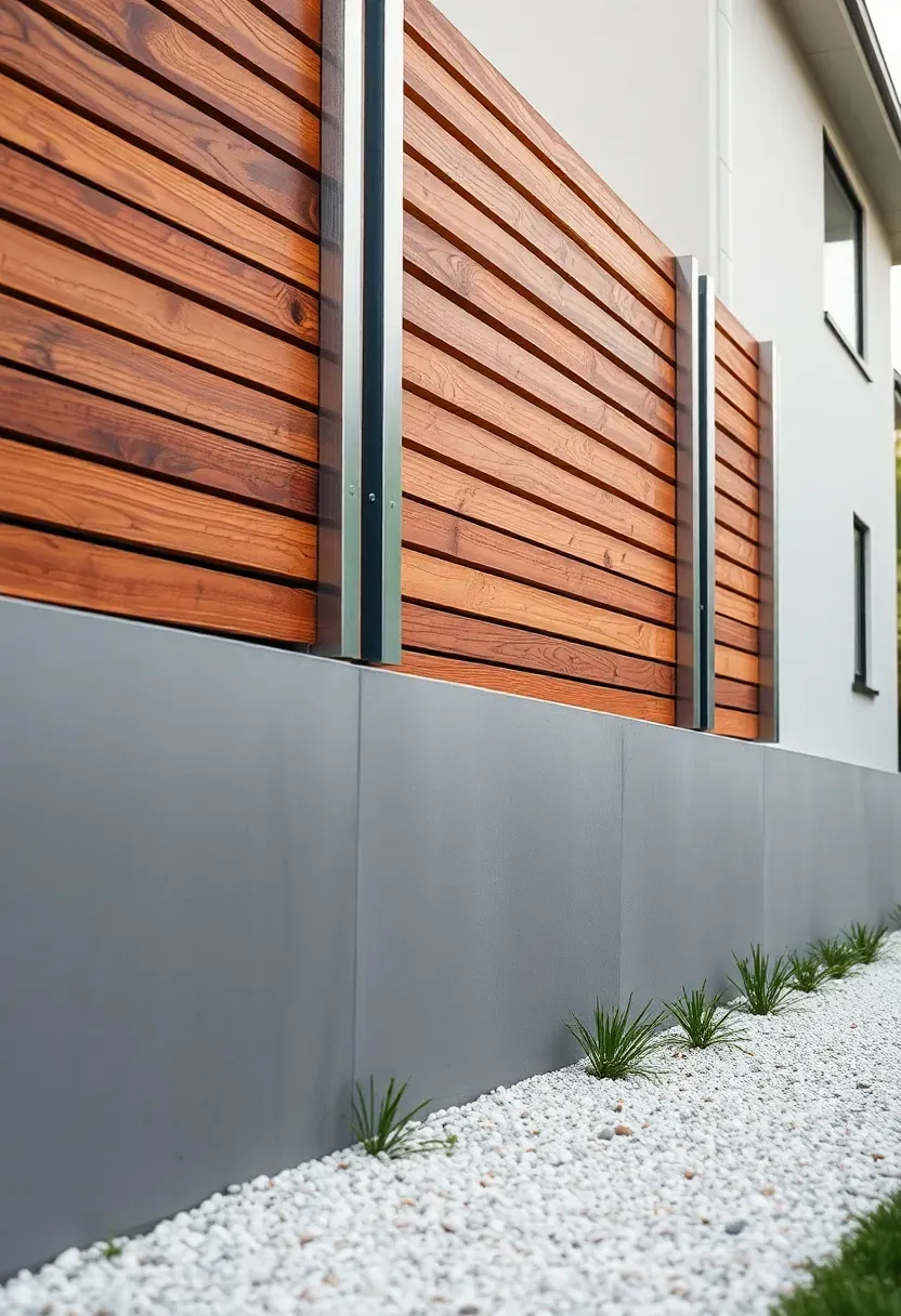 Modern retaining wall combining smooth gray poured concrete panels with horizontal cedar wood slat sections on a contemporary backyard slope