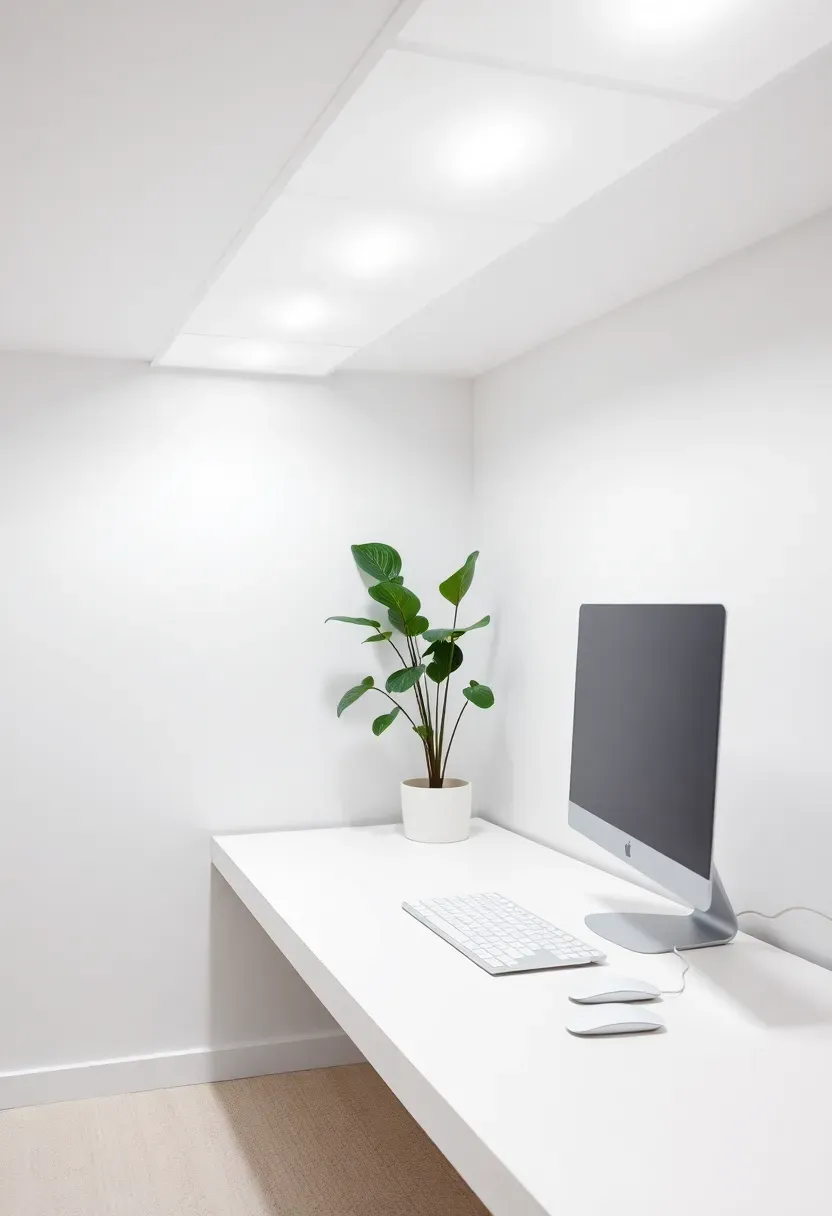 All-white minimalist basement office with white floating desk, white walls, bright LED panel lighting, and a single green plant