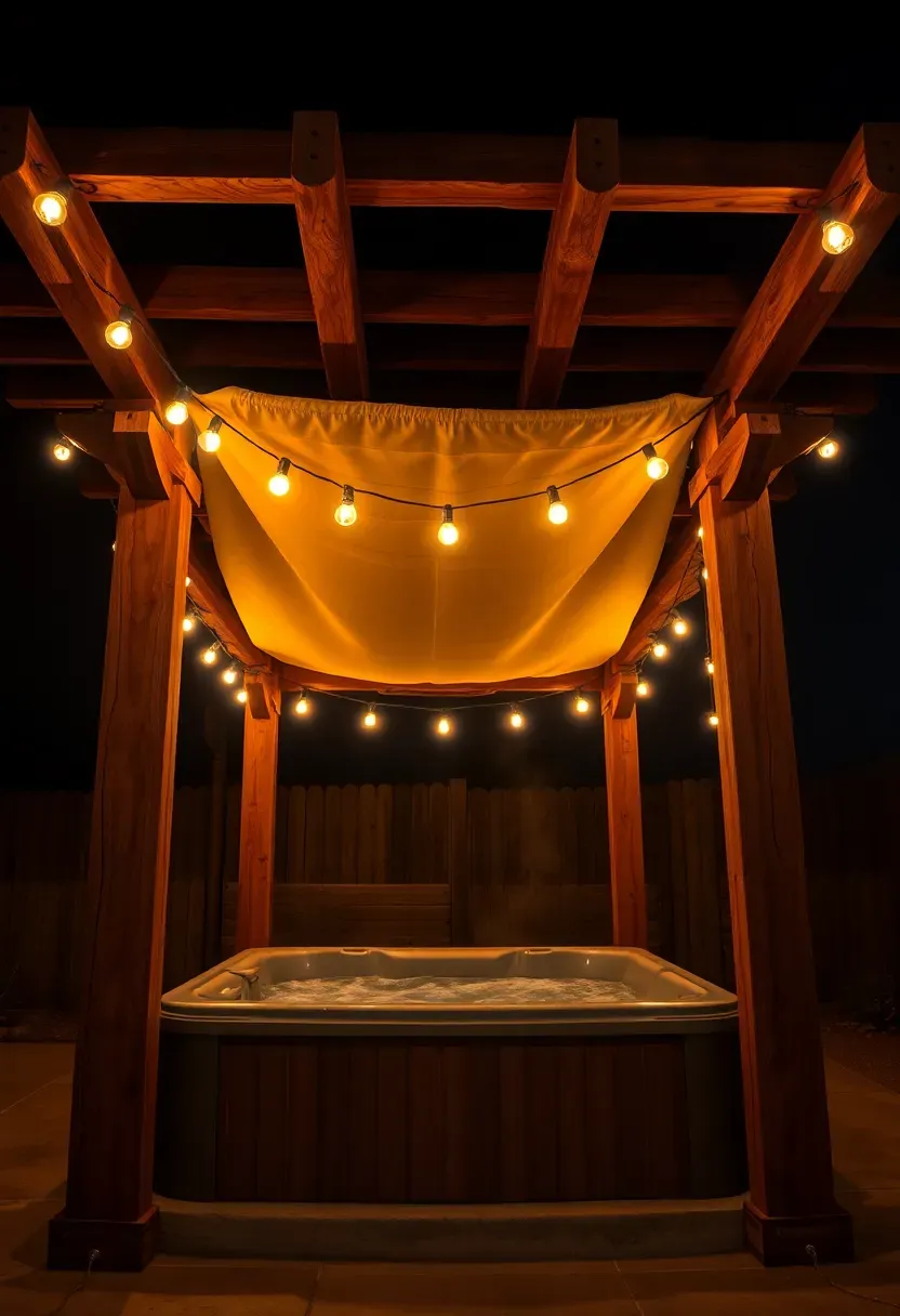 A wooden pergola with a retractable tan fabric canopy over a square hot tub at night with warm Edison bulb string lights wrapped around the posts