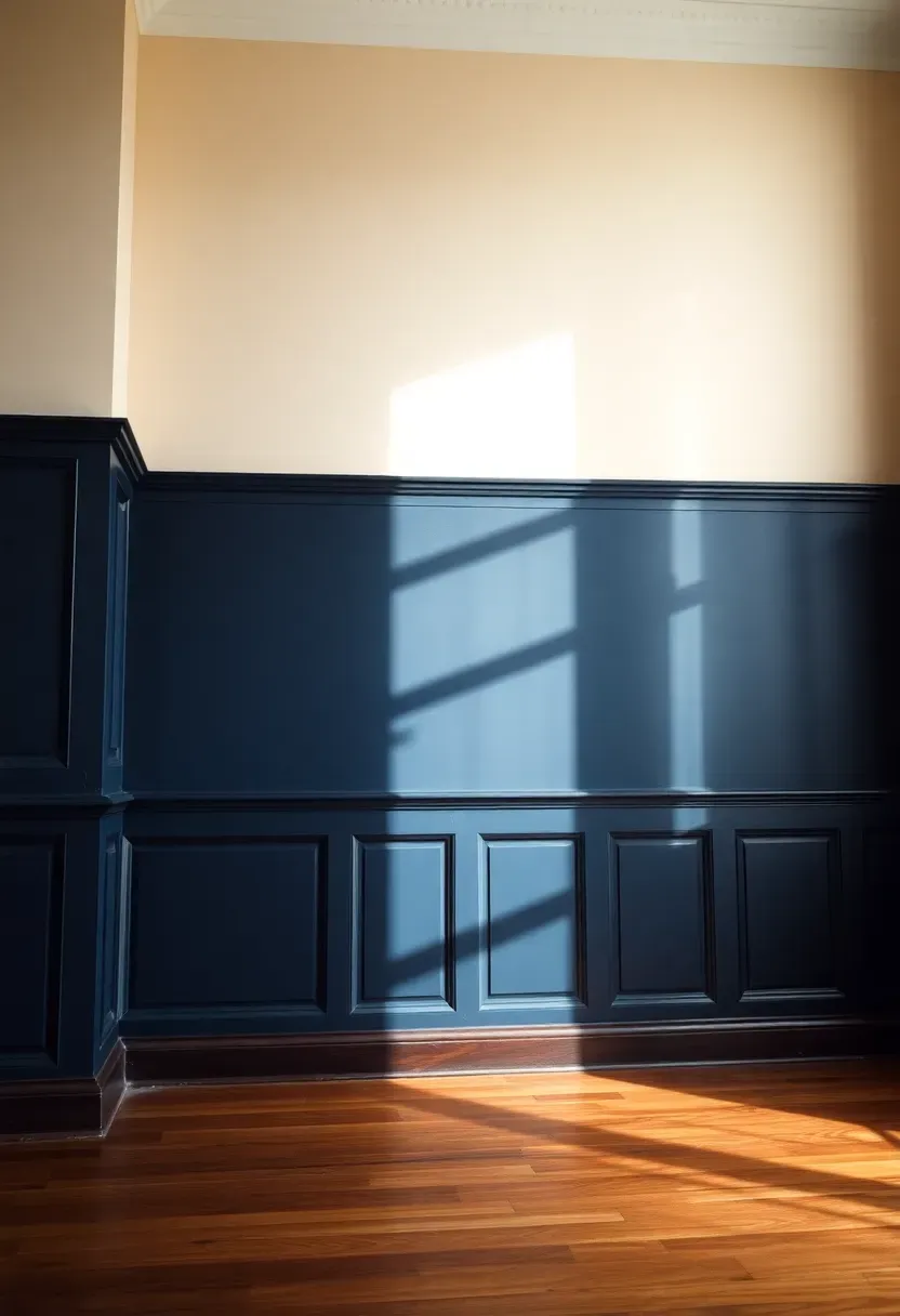 deep navy raised panel wainscoting in a colonial living room with cream walls above