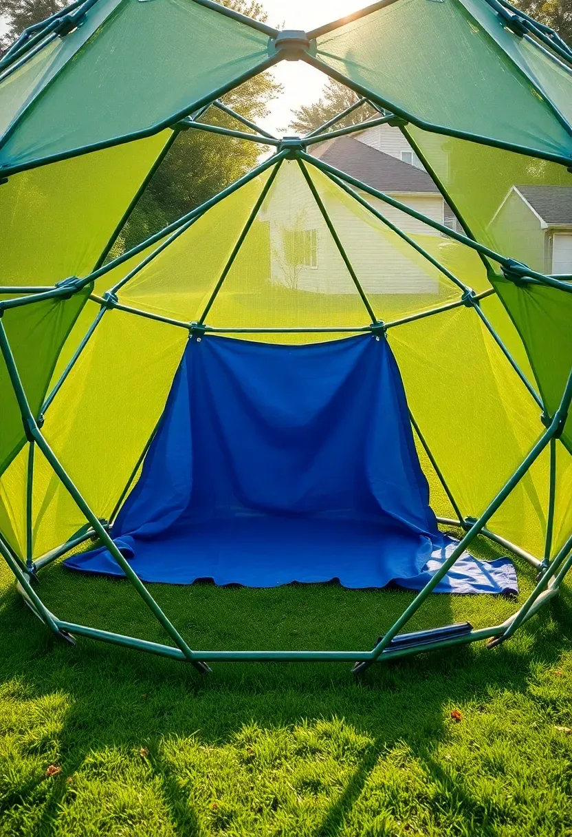 Large metal geodesic climbing dome on green grass in a backyard, with geometric triangular frame pattern casting shadows