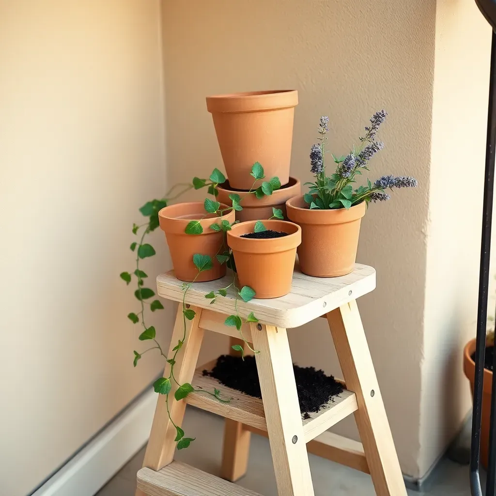 Clay pot cluster on a step stool display