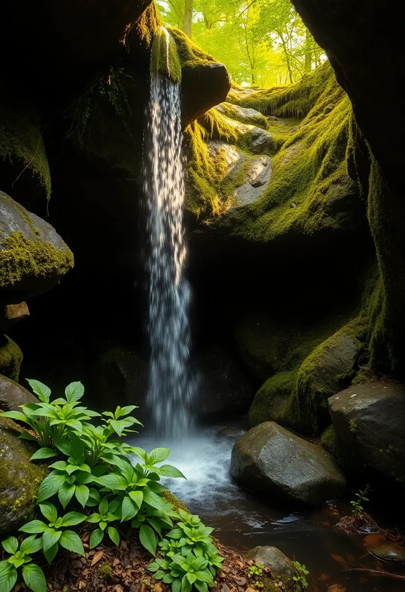 Moss-covered natural rock grotto waterfall with water falling into a shaded pool surrounded by ferns and hostas