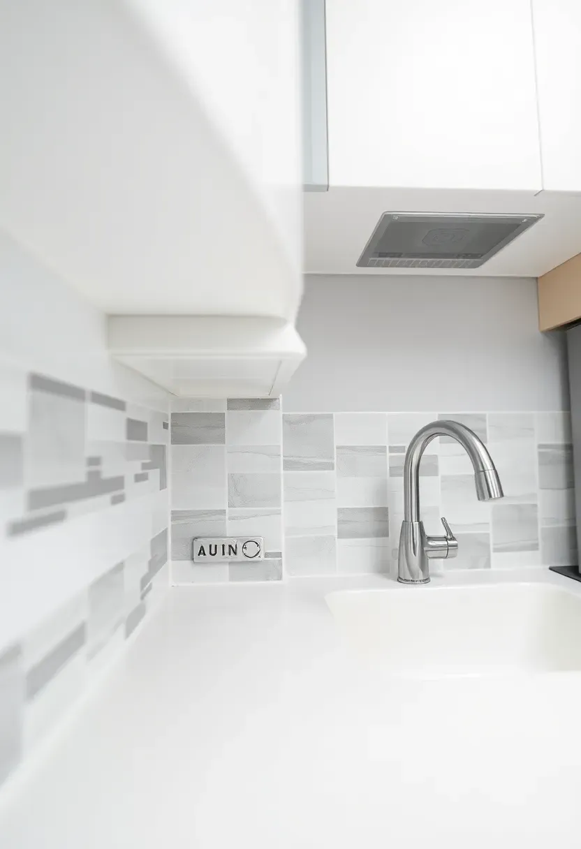 white PVC edge trim on budget-friendly peel-and-stick backsplash tile in small rental apartment kitchen