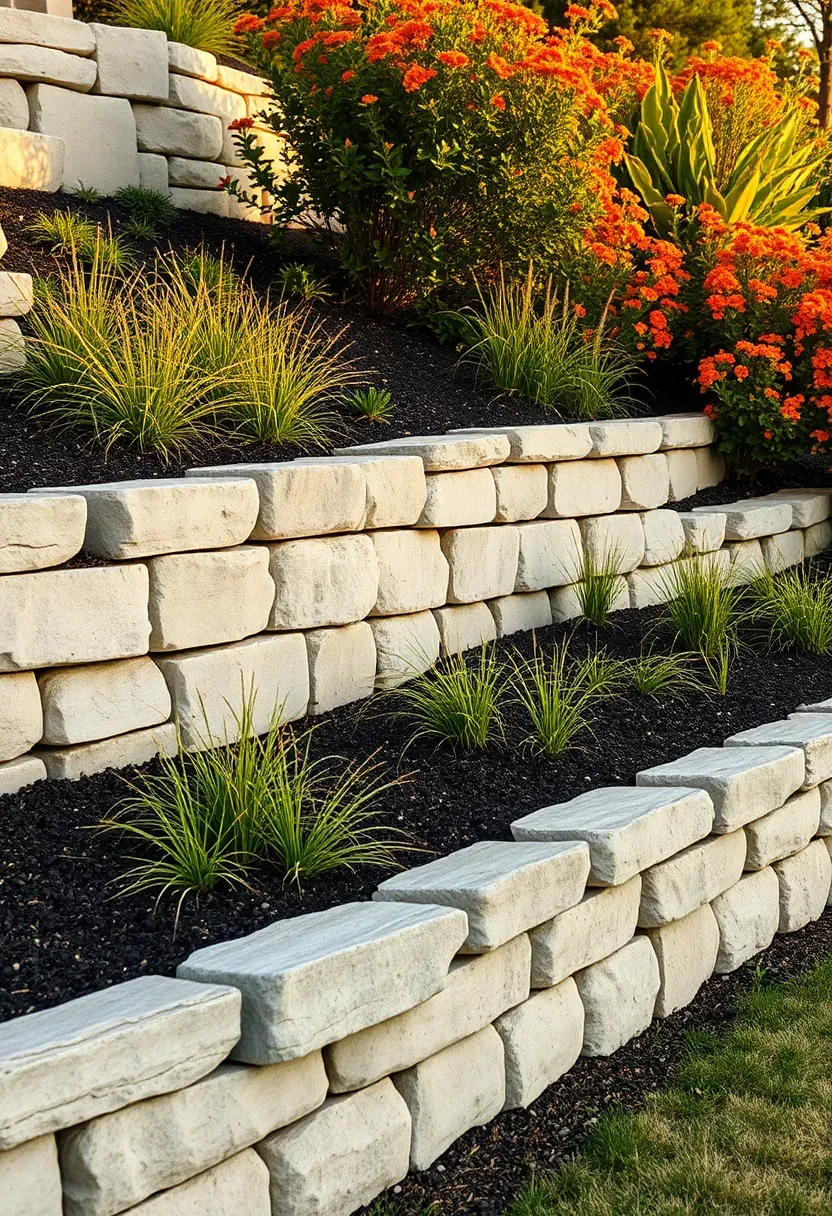 Stacked Hill Country limestone retaining wall in a sloped Texas backyard with terraced planting beds and native grasses