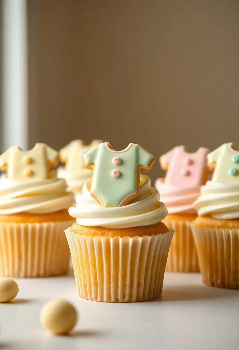 cupcakes topped with decorated baby onesie sugar cookies in pastel colors with tiny fondant buttons